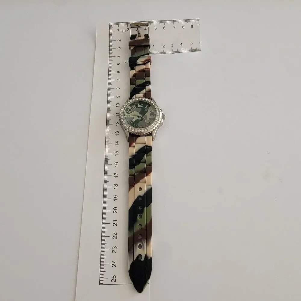Geneva Womens Watch Green Dial 34mm Silver Case Multicolor Silicone Band